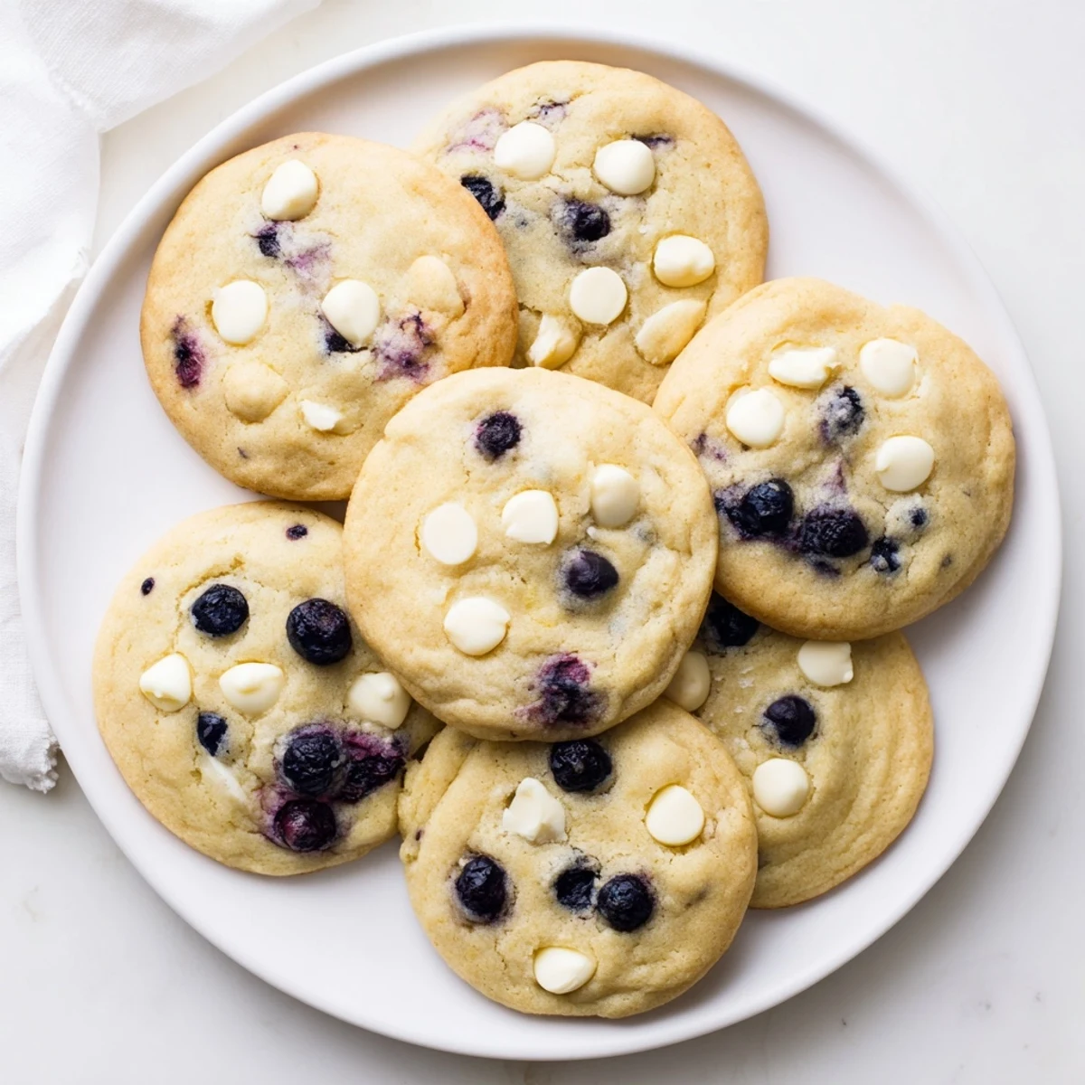Soft baked lemon blueberry cookies studded with juicy berries on a rustic wooden board