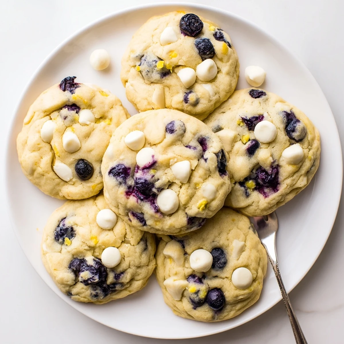 Homemade lemon blueberry cookies stacked on a white plate with fresh blueberry garnish