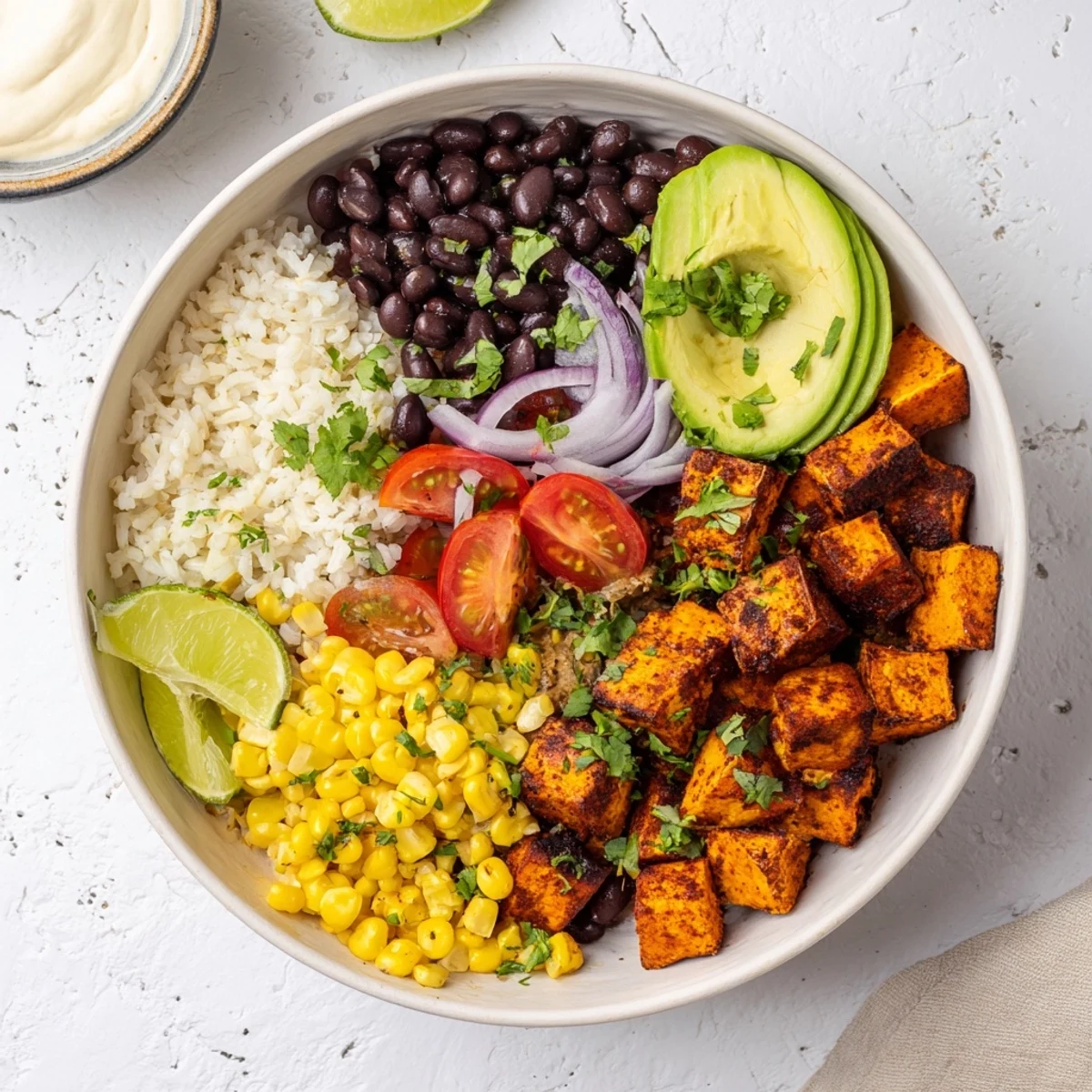 Vibrant vegan sweet potato burrito bowl with roasted potatoes, black beans, and fresh colorful toppings