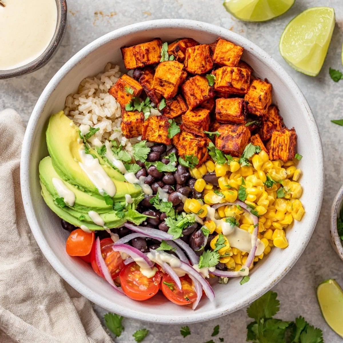 Golden roasted sweet potato burrito bowl topped with avocado, tomatoes, and zesty lime cilantro rice