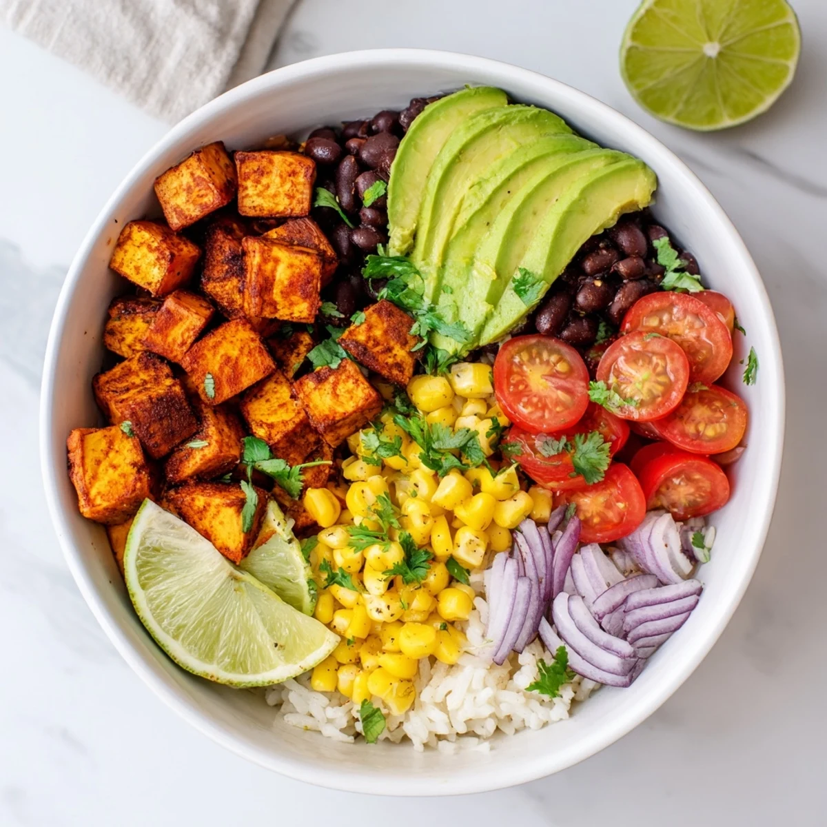 Hearty vegan sweet potato burrito bowl featuring spiced potatoes, beans, corn, and creamy avocado slices