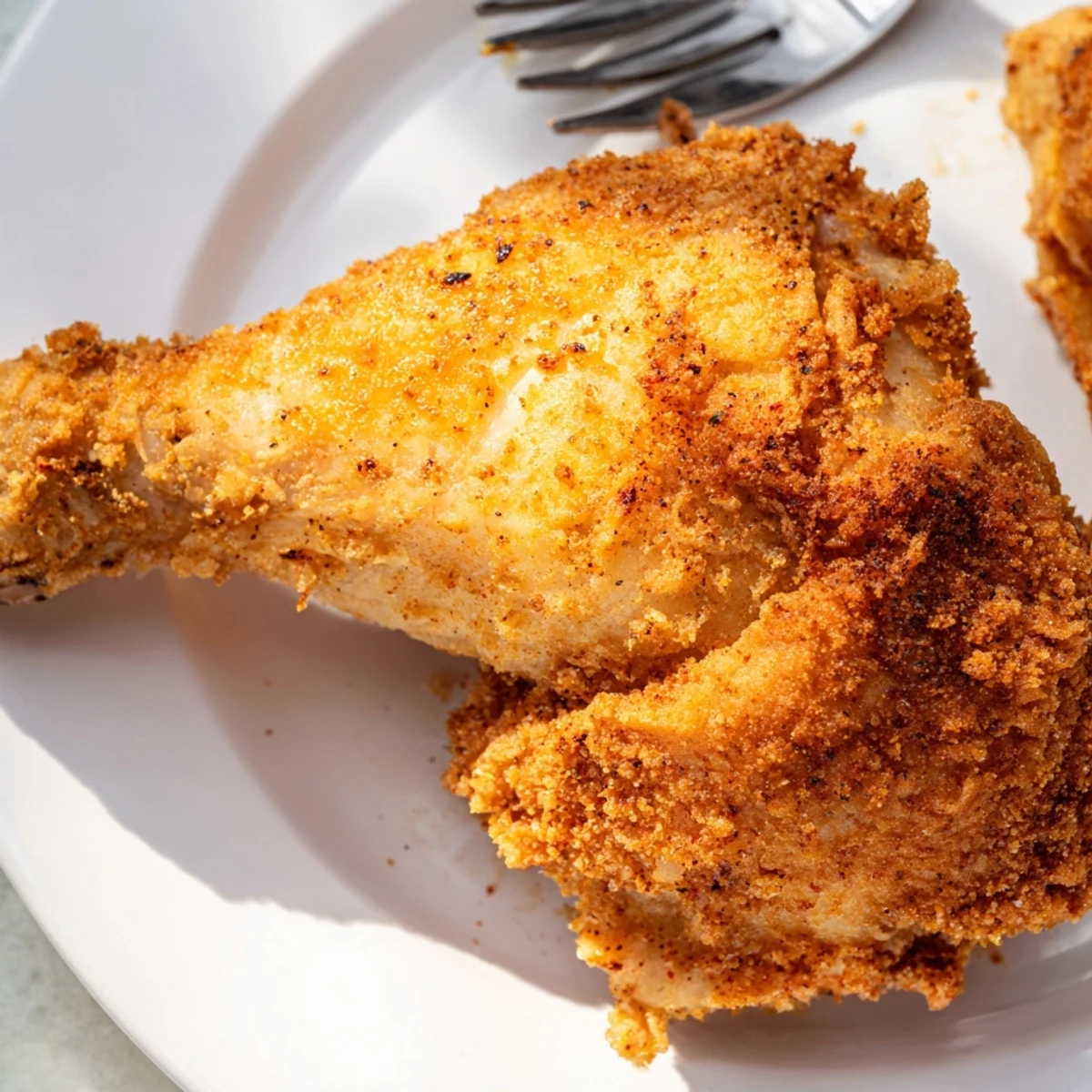 Plate of homemade Southern fried chicken displaying perfect crispiness alongside classic Southern comfort sides