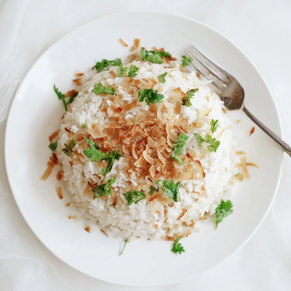 Fluffy coconut rice garnished with toasted coconut flakes and fresh cilantro in a serving bowl