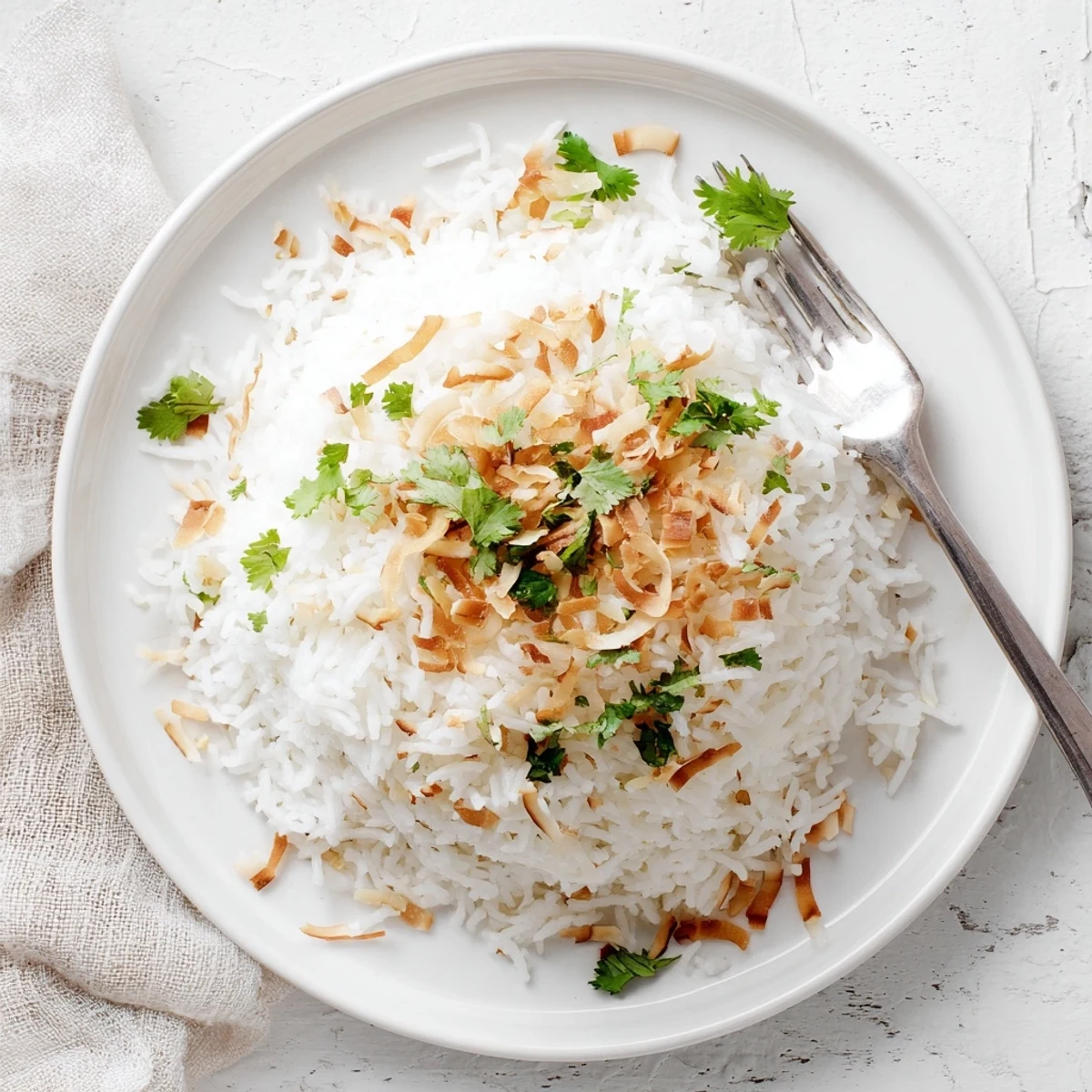 White coconut rice grains steamed to perfection alongside vibrant green chopped cilantro garnish
