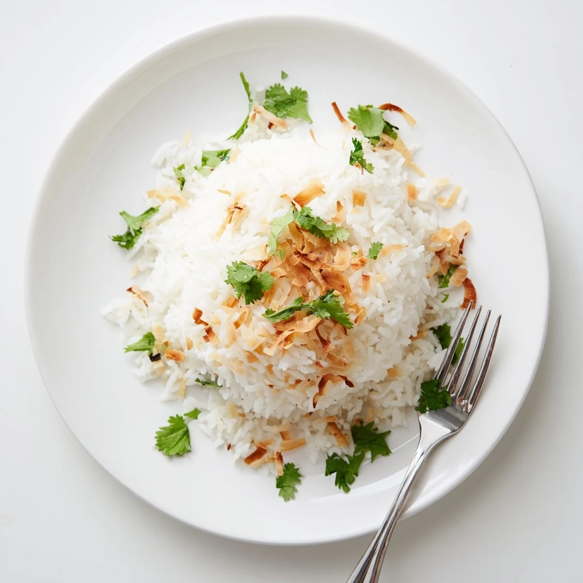 Creamy coconut milk rice dish fluffed with a fork and topped with toasted coconut