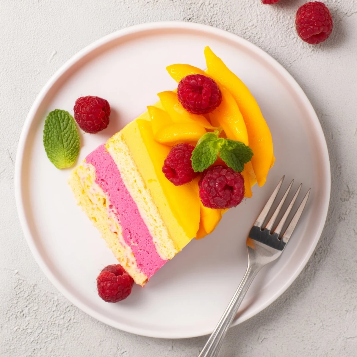 Light and airy tropical mango raspberry mousse cake showcasing smooth fruity mousse on delicate sponge