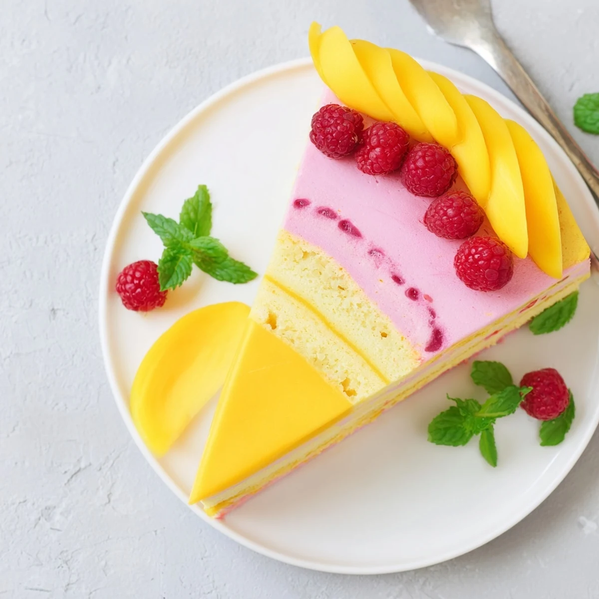 Golden mango raspberry mousse cake with fluffy layers topped with fresh vibrant fruit slices