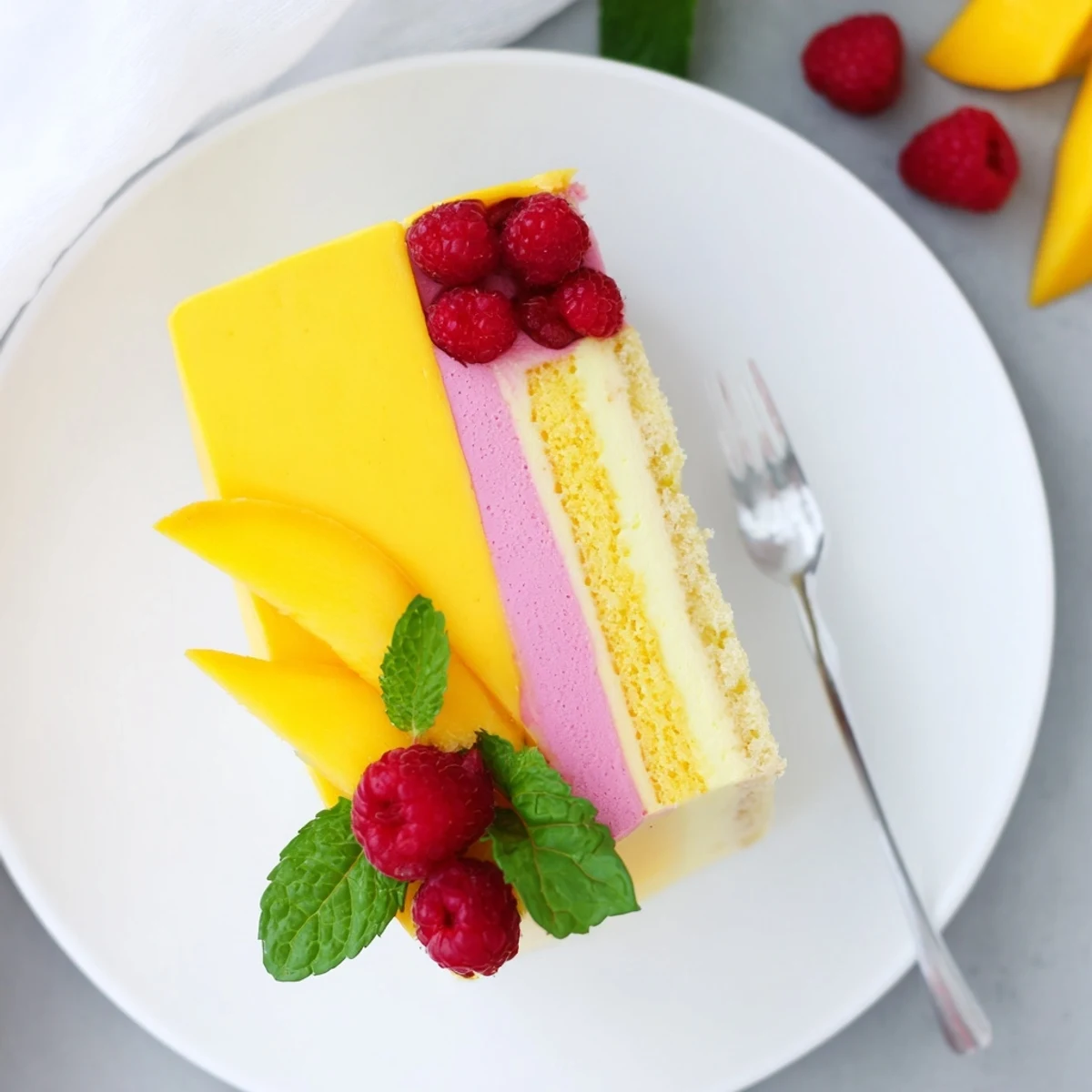Elegant layered mango raspberry mousse cake garnished with raspberries and mint on white serving plate