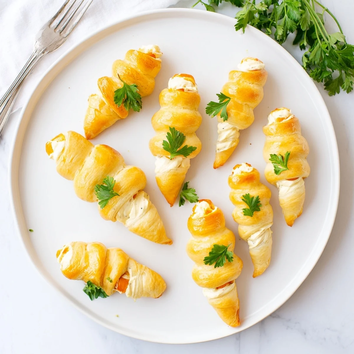 Golden brown stuffed crescent roll carrots filled with creamy herbed cheese and topped with fresh parsley