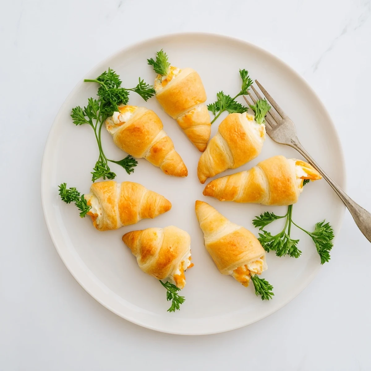 Orange baked crescent dough shaped into carrots and piped with savory cream cheese herb filling