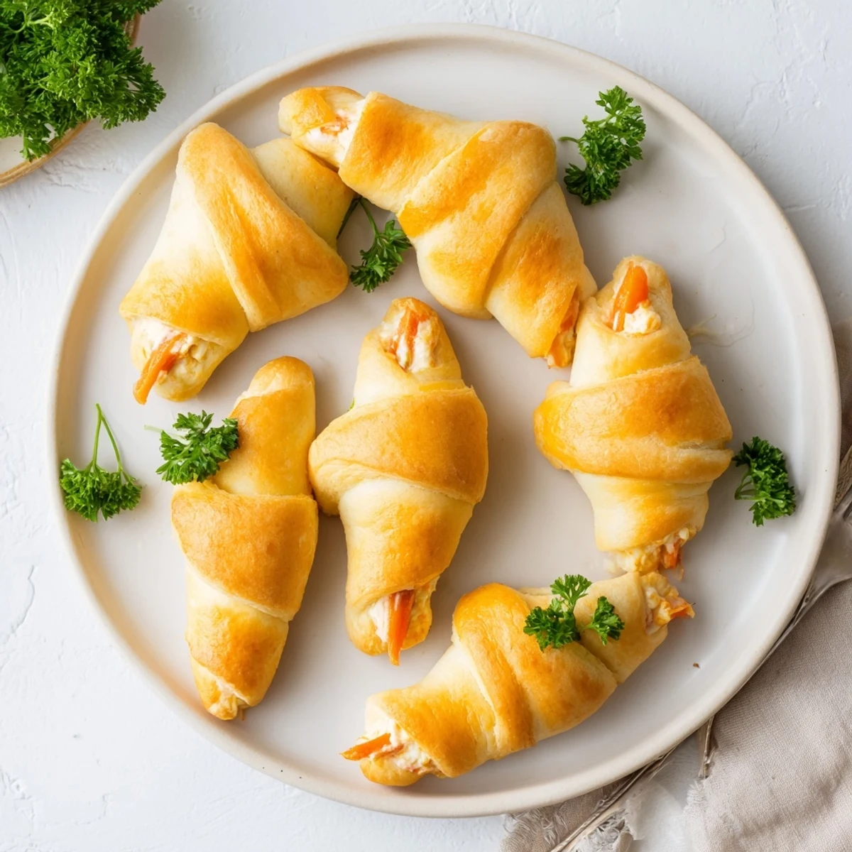 Playful Easter appetizer featuring flaky pastry carrots stuffed with dill chive cheese mixture