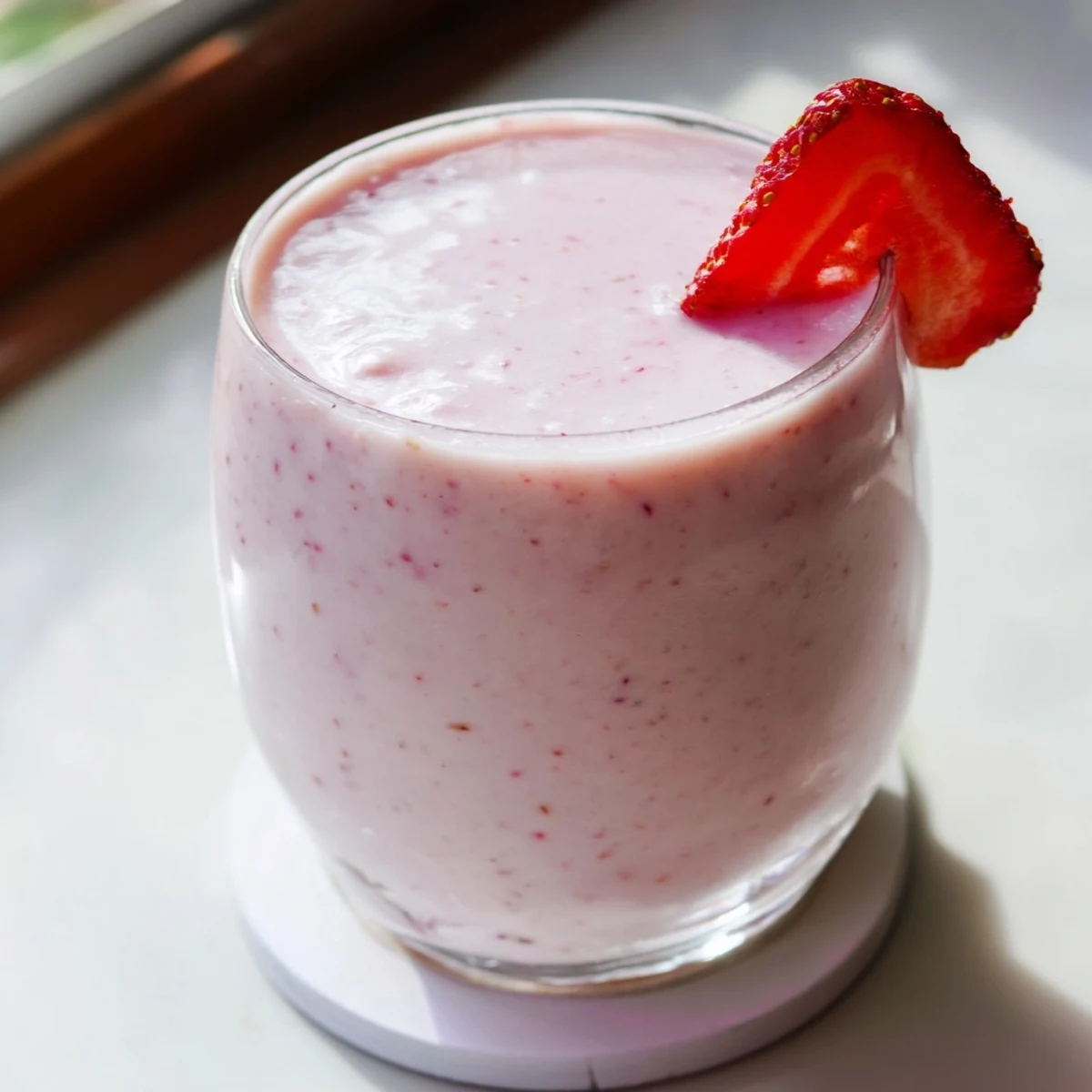 Creamy strawberry smoothie with Greek yogurt poured into glasses topped with fresh strawberry slices