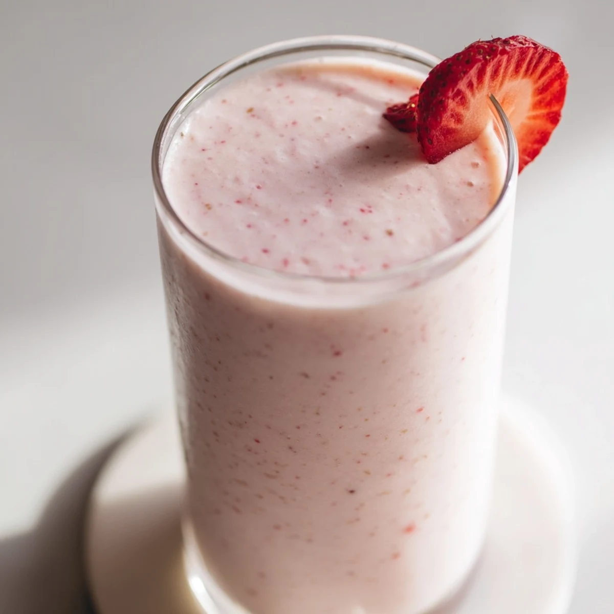Thick pink strawberry smoothie with Greek yogurt blended with banana and drizzled with honey
