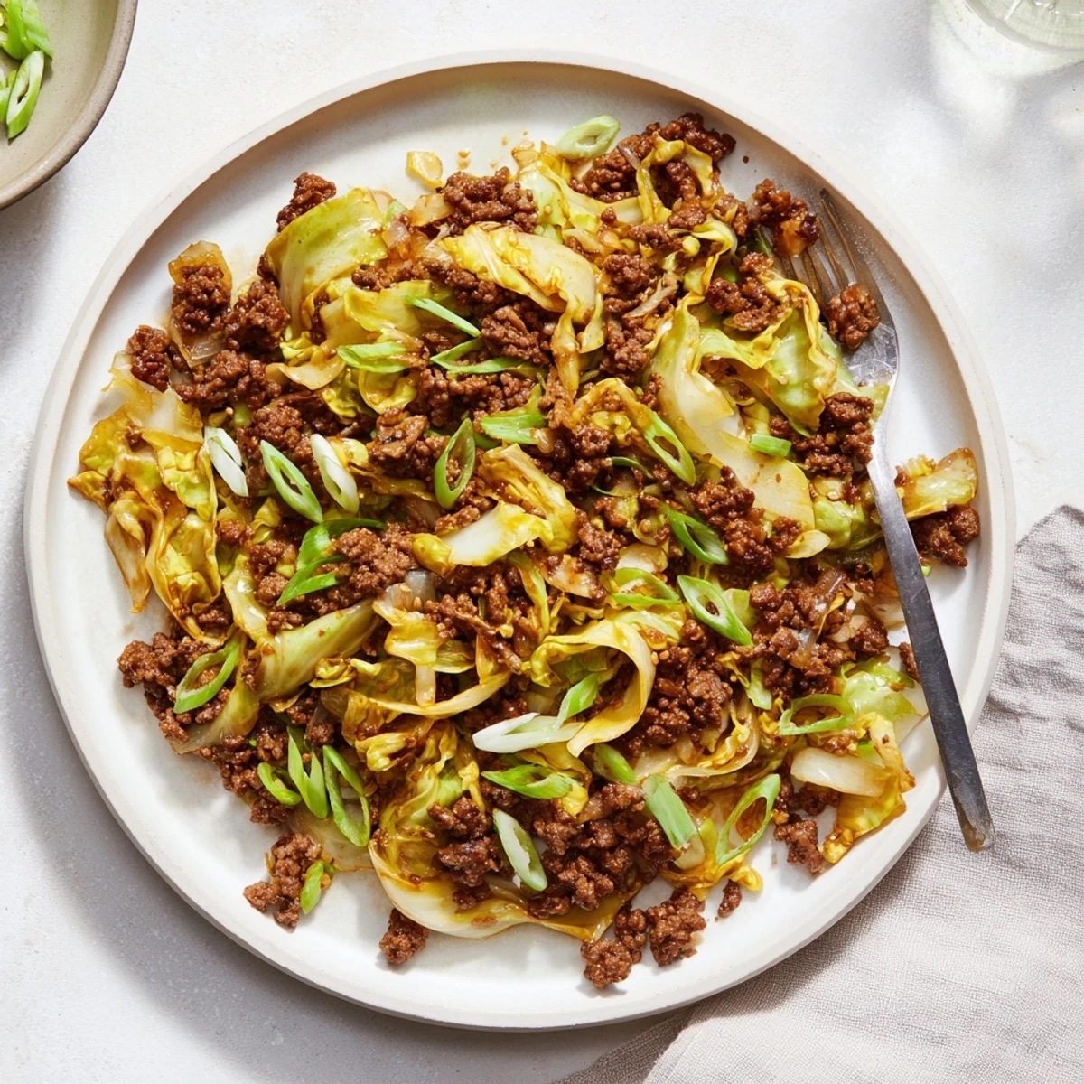 Golden brown low carb Mongolian ground beef with tender green cabbage shreds in a glossy savory sauce