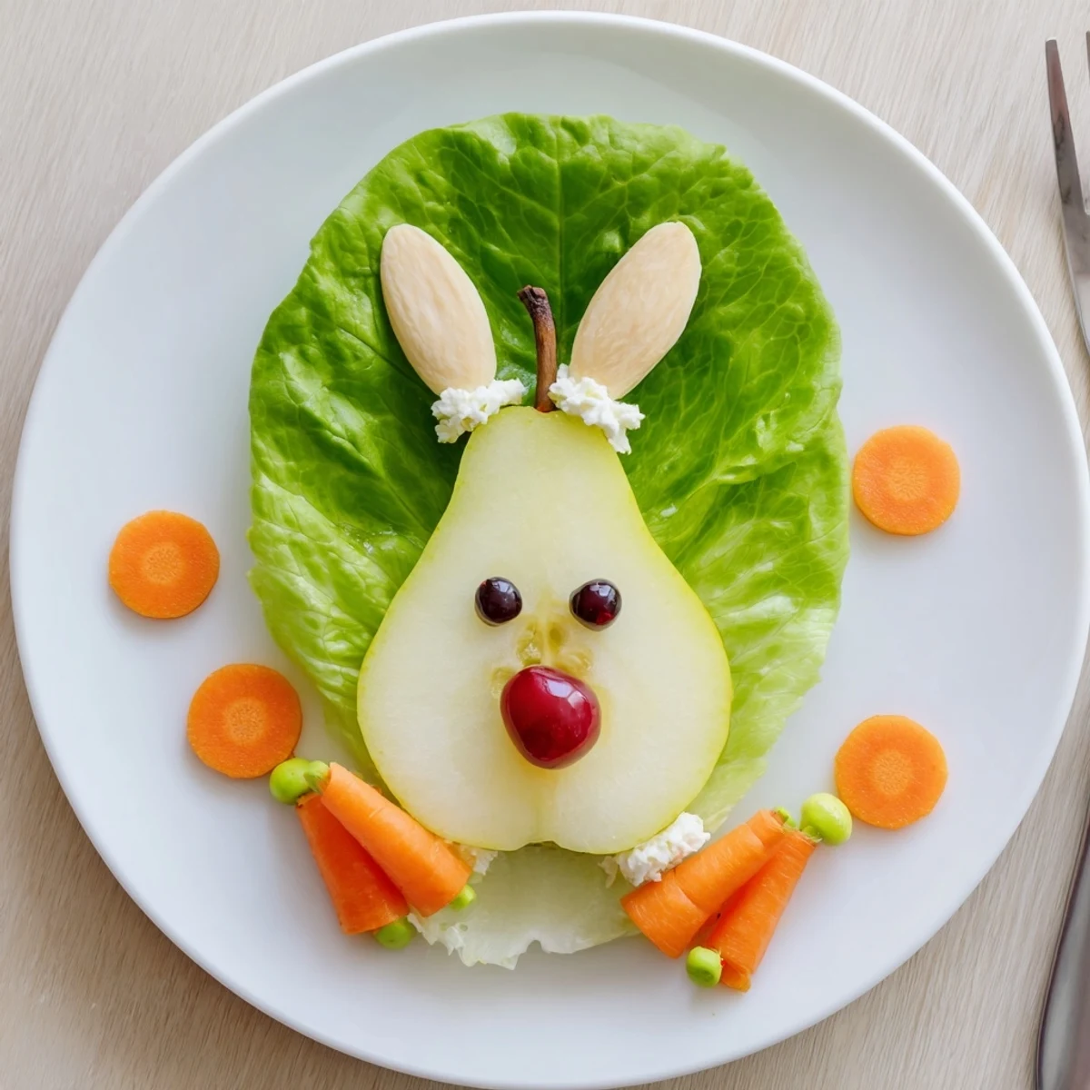 Golden pear bunny salad with cottage cheese tail and carrot features arranged on green lettuce leaf