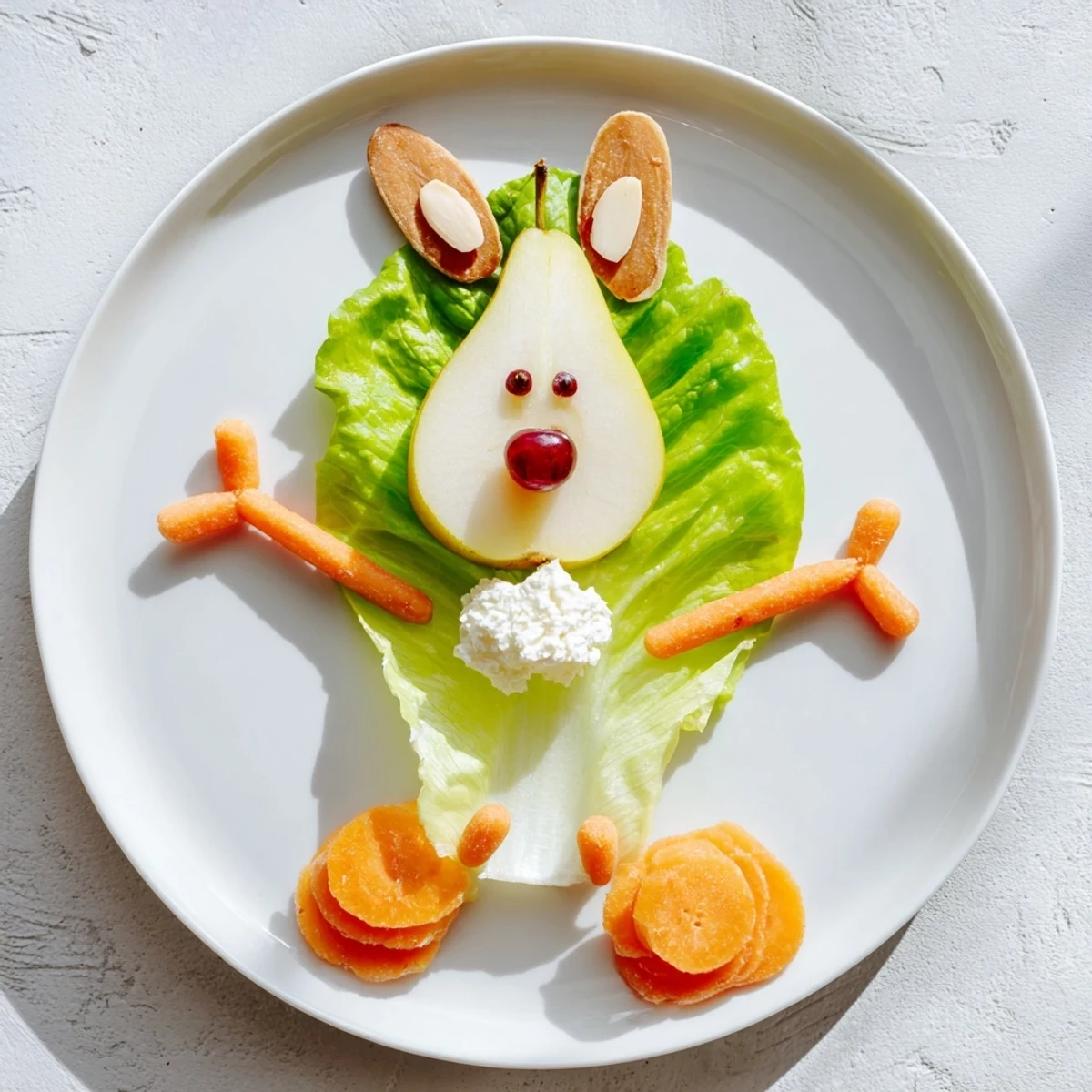 Adorable pear bunny salad with raisin eyes and cherry nose perfect for kids Easter party
