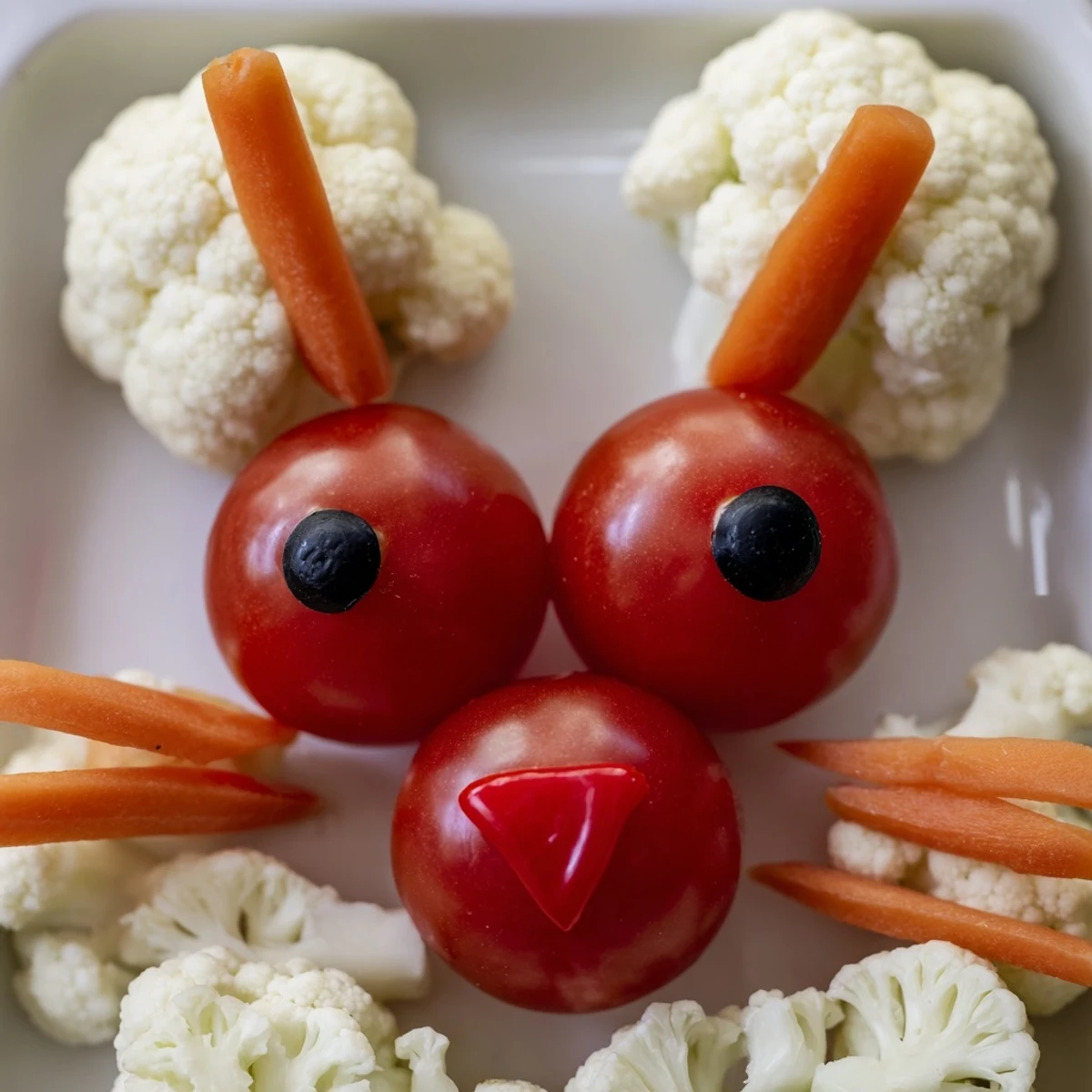 Festive Easter Bunny veggie tray arranged with cauliflower, cucumbers, and cherry tomatoes for spring parties