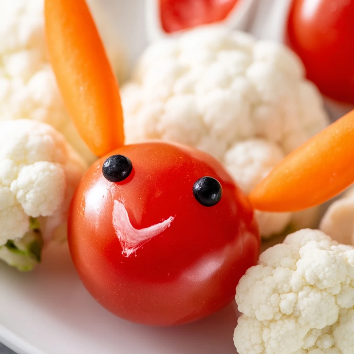 Colorful Easter appetizer display with fresh vegetables forming an adorable bunny shape for healthy snacking