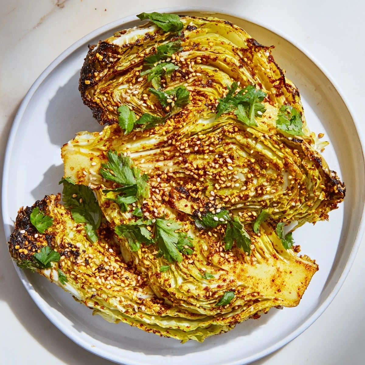 Golden roasted curry cabbage wedges with caramelized edges and tender centers on a white serving platter