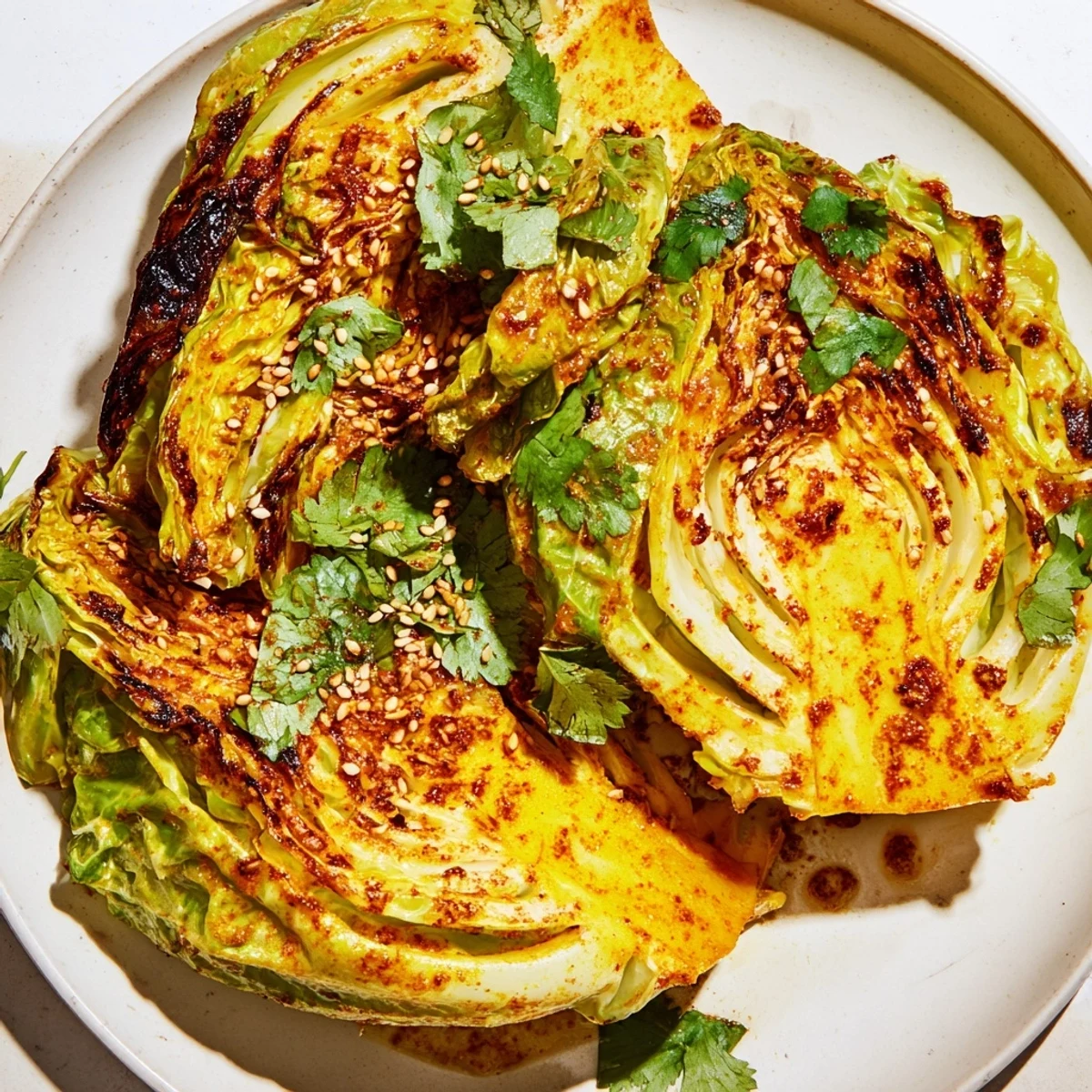 Vibrant green cabbage roasted with aromatic curry spices and garnished with fresh cilantro and sesame seeds