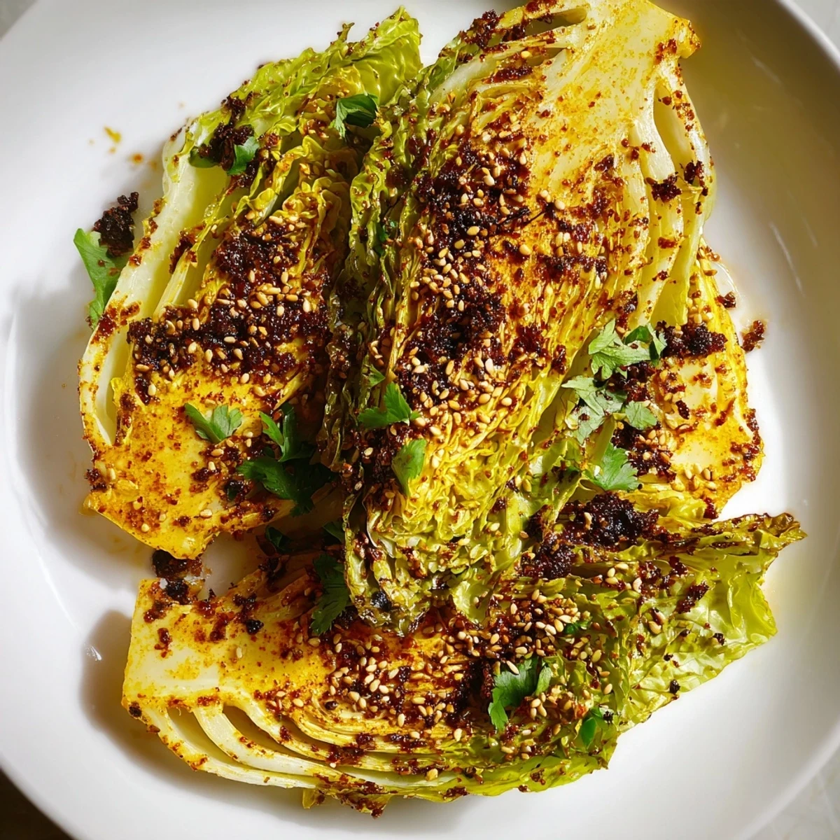 Easy roasted curry cabbage side dish with crispy golden edges and warm Indian-inspired spice coating