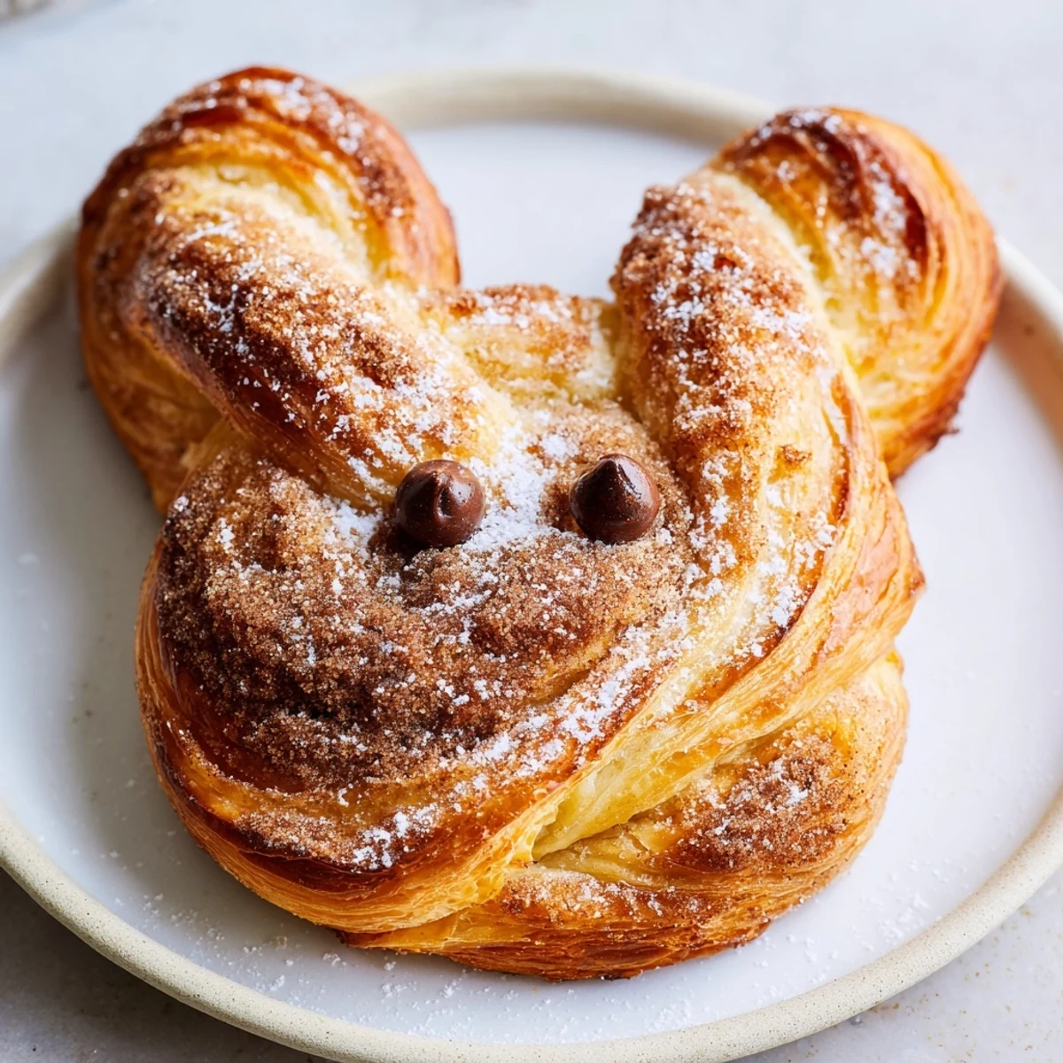 Flaky puff pastry bunny shapes coated in cinnamon sugar ready for Easter brunch