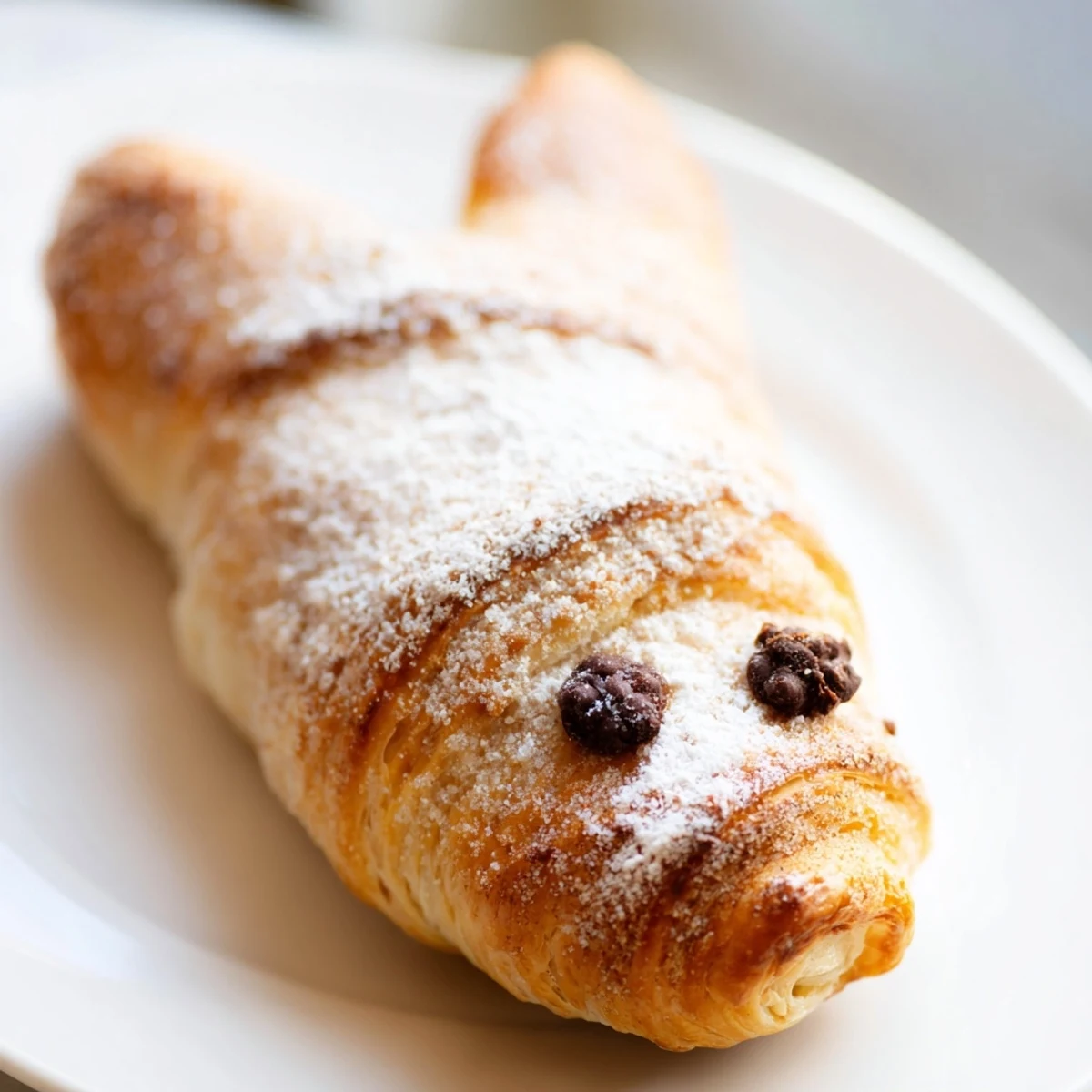 Golden brown cinnamon sugar Easter bunny twists arranged on a white serving plate