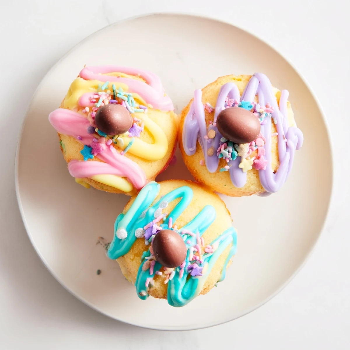 Golden mini Easter cakes topped with pastel pink icing and colorful chocolate eggs