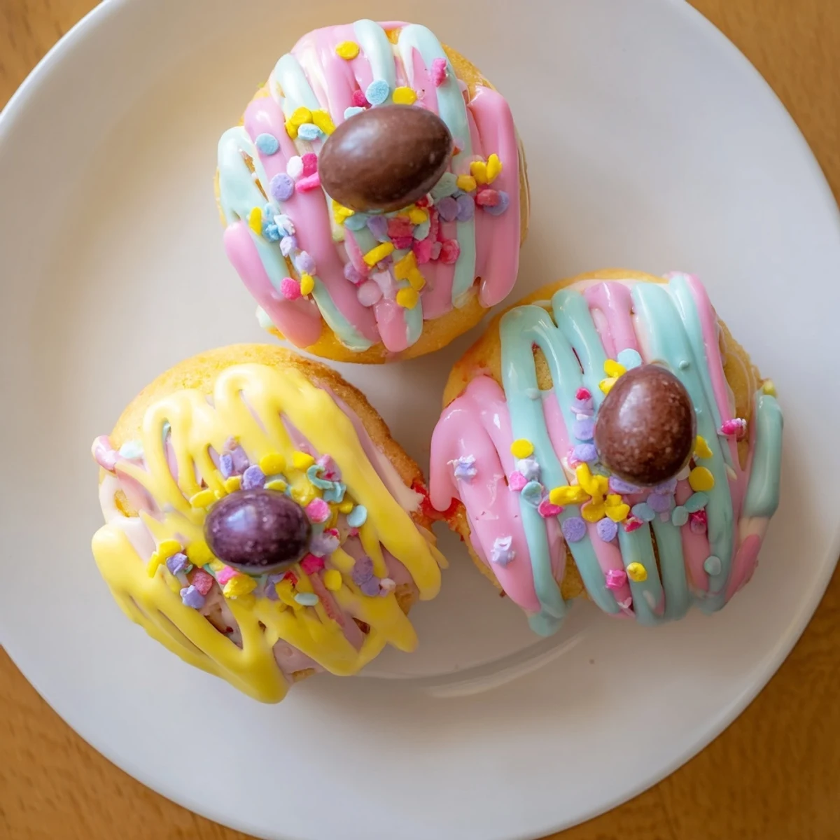 Soft sponge cakes drizzled with pastel frosting and Easter sprinkles on white plate