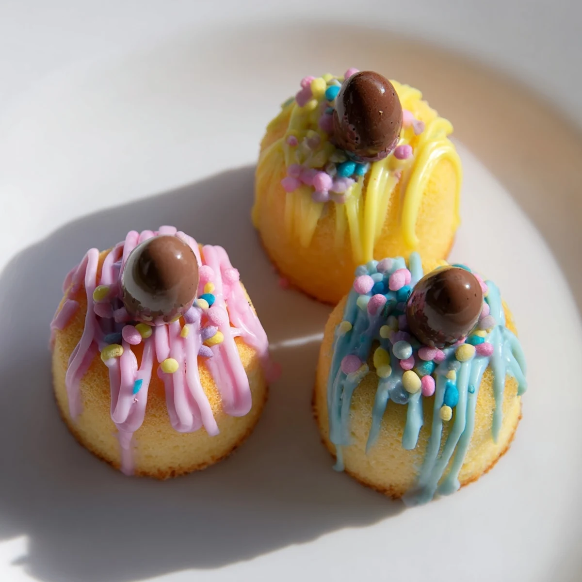 Decorative mini cakes with smooth blue icing and festive edible decorations for Easter