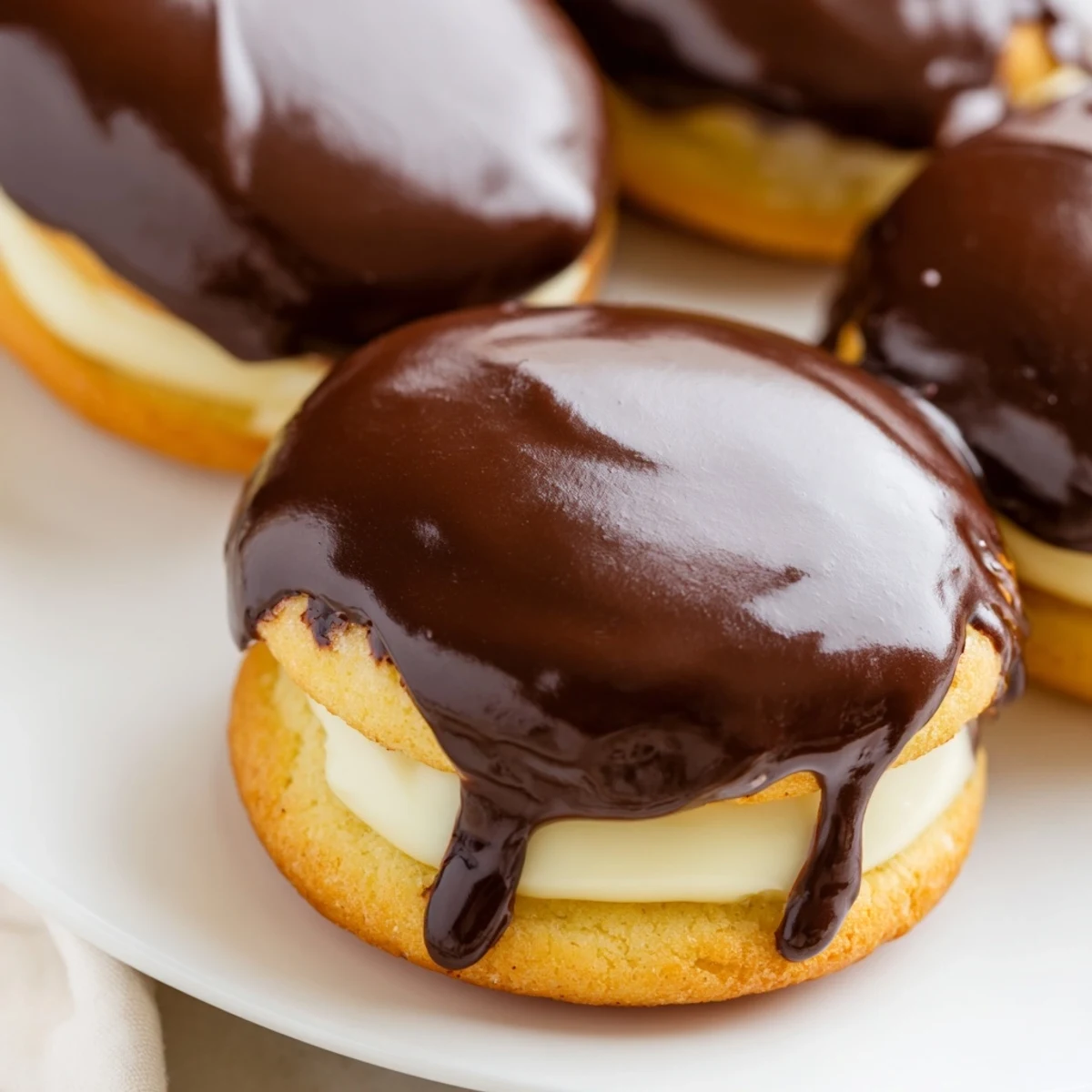 Bite-sized Boston cream pie cookie bites topped with glossy dark chocolate glaze on a white plate