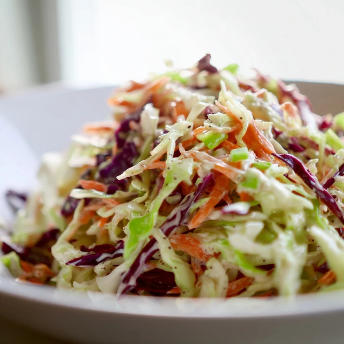 Crisp shredded cabbage and carrot tossed in a tangy creamy dressing for easy creamy coleslaw