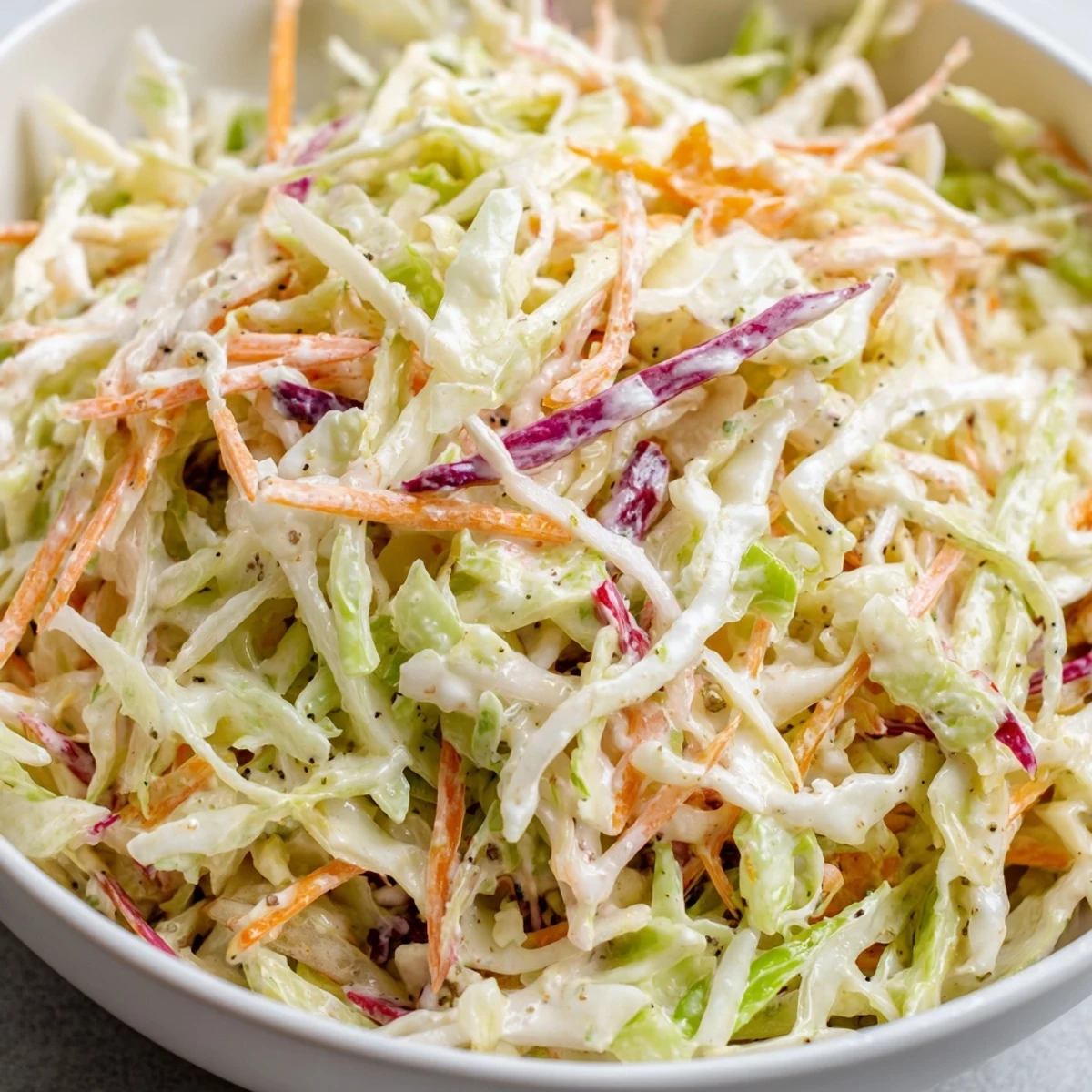 Colorful green and red cabbage blend coated in smooth white homemade easy creamy coleslaw dressing