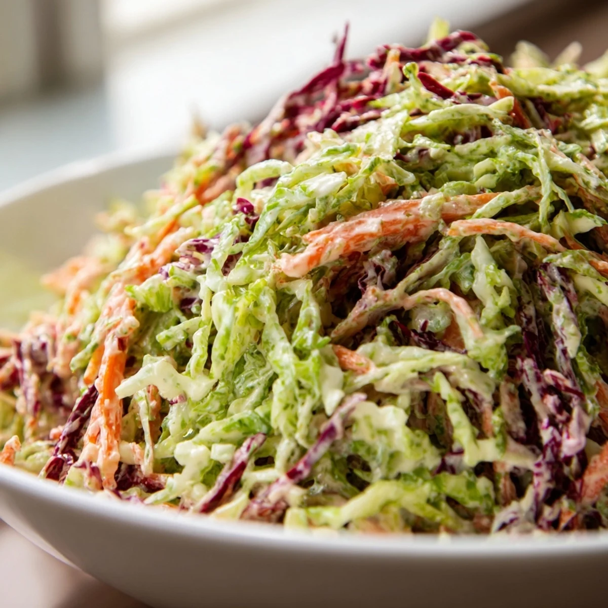 Fresh vegetable medley with creamy tangy sauce served in bowl for easy creamy coleslaw side dish