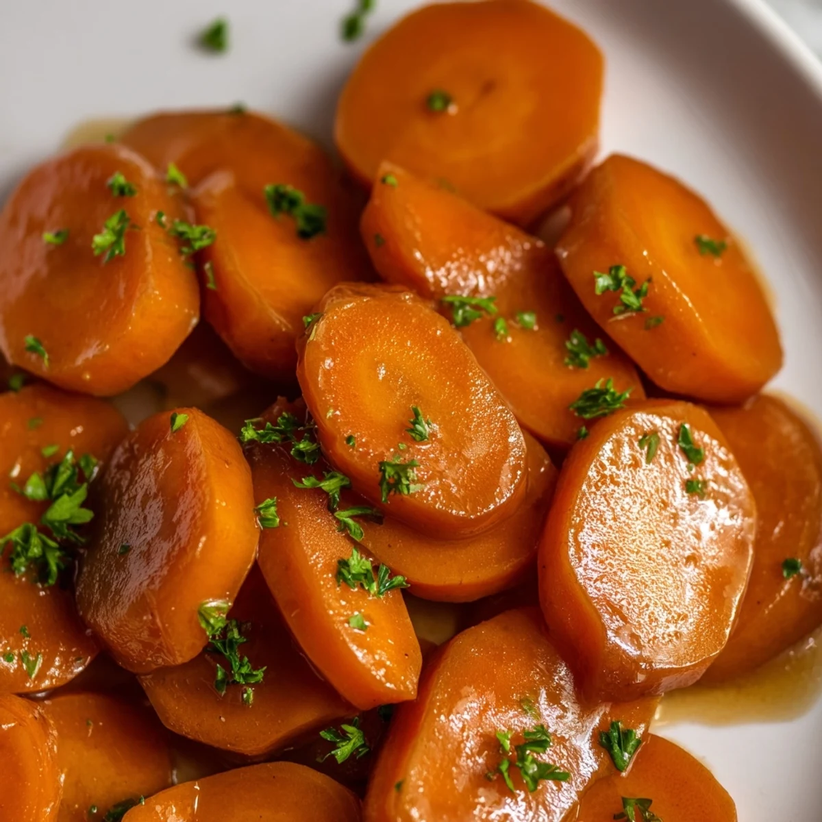 Golden brown sugar glazed carrots glistening with butter in a white serving bowl