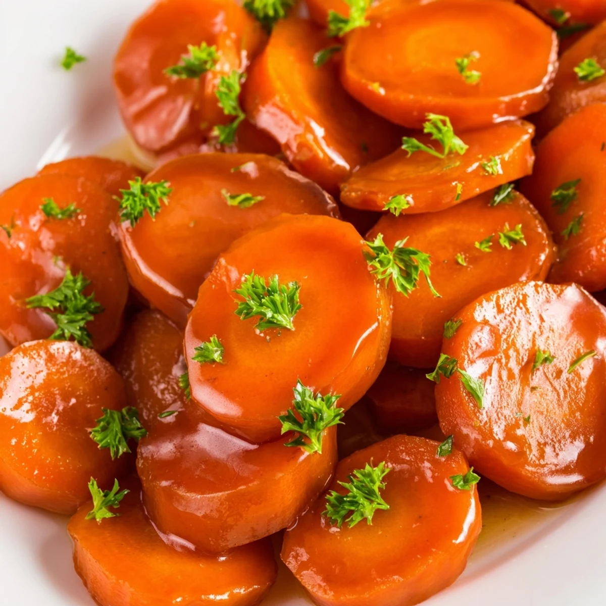 Tender carrot slices coated in shiny sweet brown sugar glaze garnished with fresh parsley