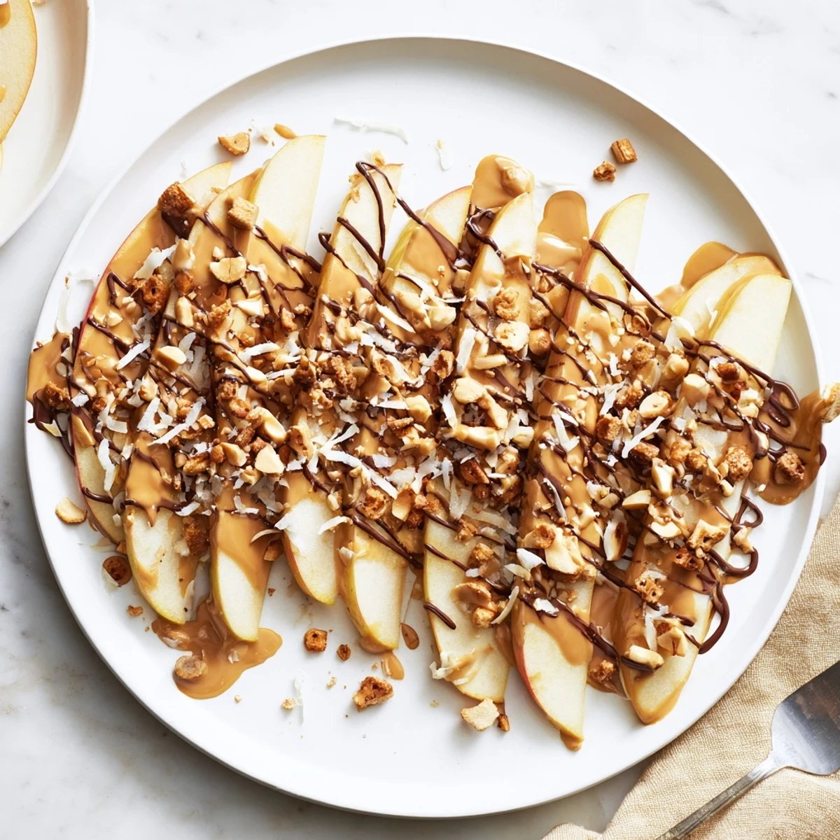 Fresh apple slices drizzled with warm peanut butter and melted chocolate on a platter