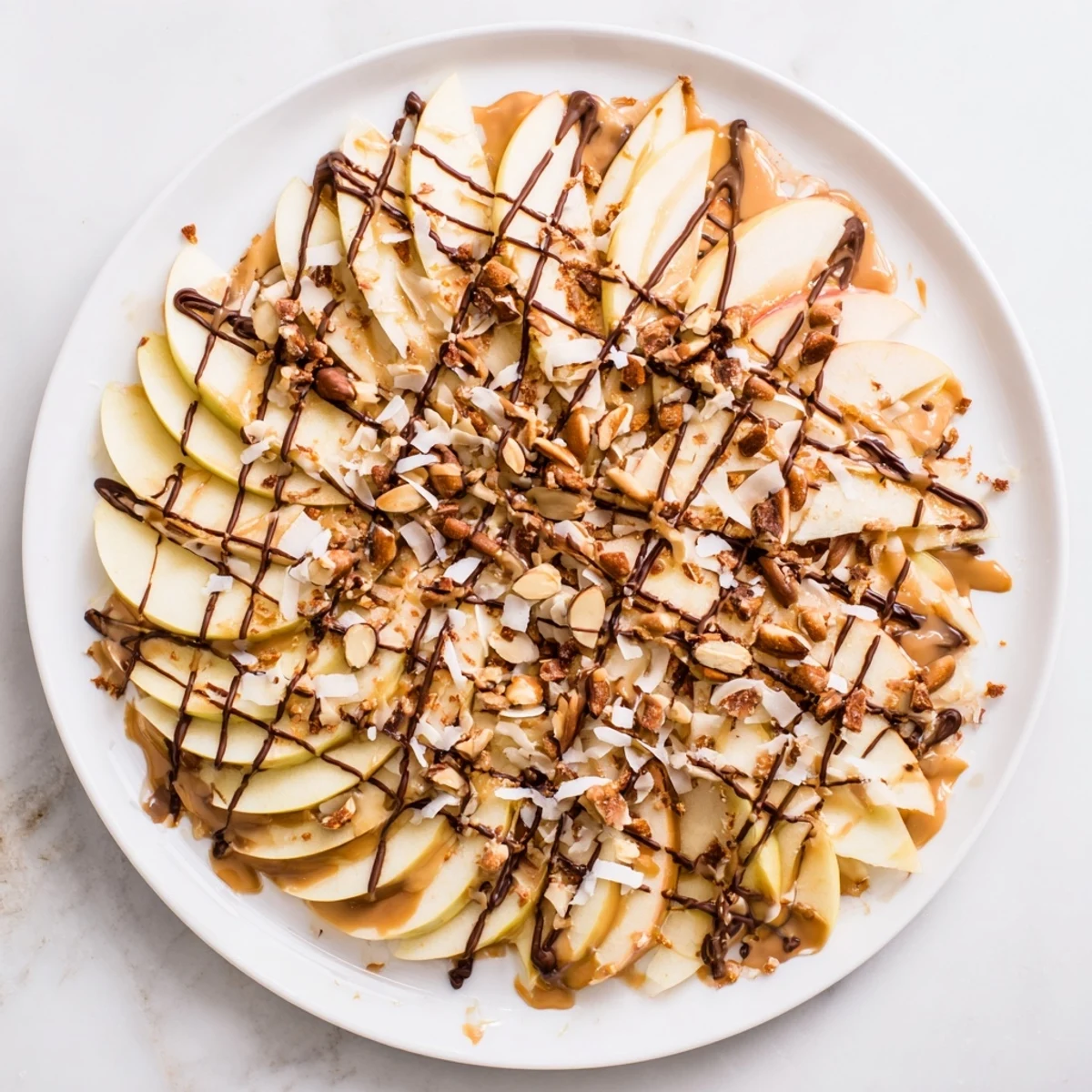 A colorful plate of apple nachos featuring peanut butter drizzle and chocolate chips