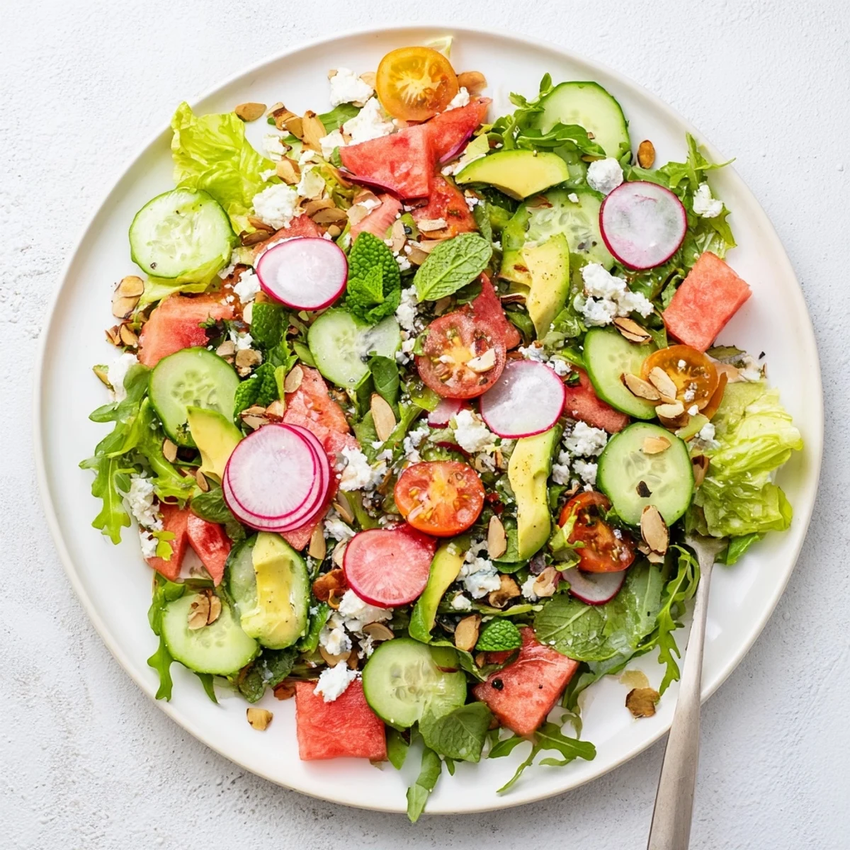 Colorful Ultimate Summer Salad bowl with crisp watermelon, feta cheese, and fresh mint drizzled with zesty lemon vinaigrette