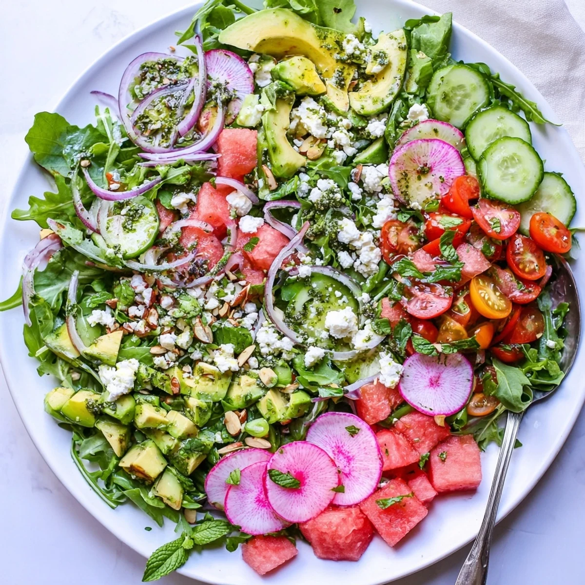 Fresh Ultimate Summer Salad featuring mixed greens, cherry tomatoes, avocado cubes, and toasted almonds on a white serving platter