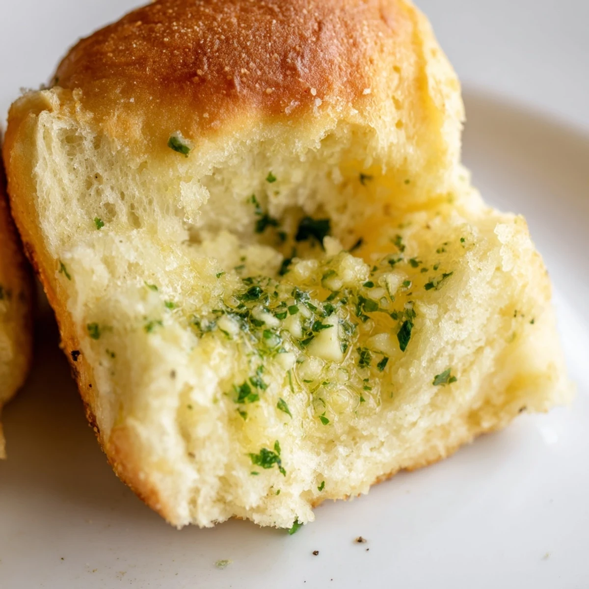 Golden homemade garlic bread rolls fresh from the oven with melted parsley butter topping