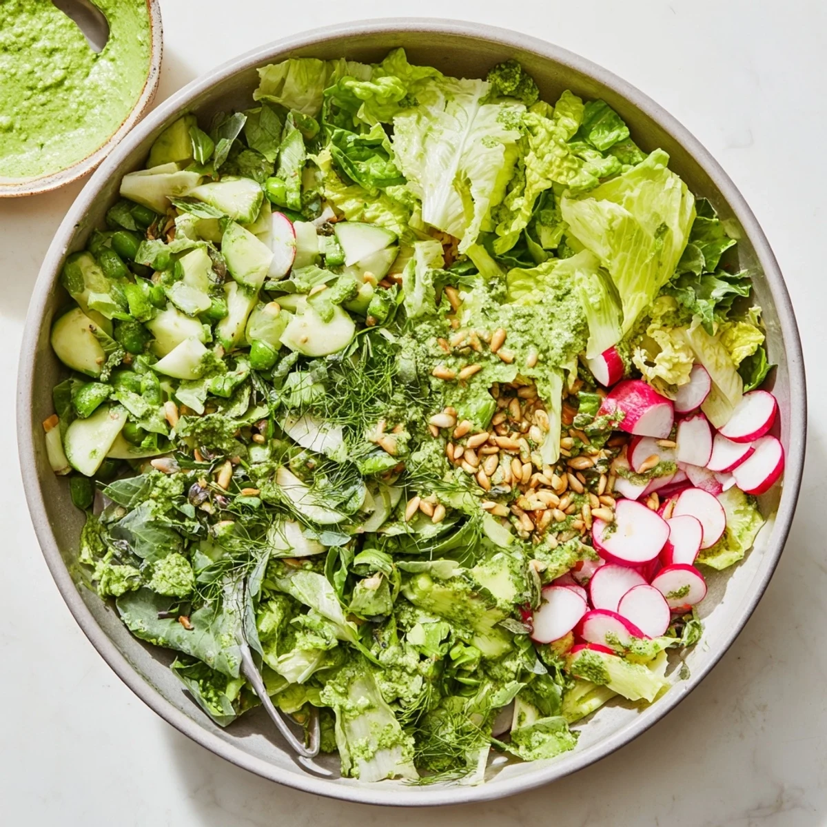 Bowl of fresh green goddess salad tossed with crisp vegetables and creamy homemade green dressing