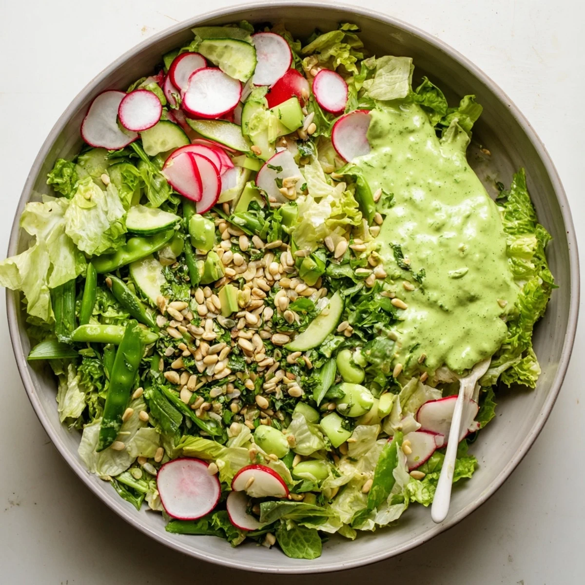 Plate of refreshing green goddess salad with crisp lettuce, cucumber, and creamy green goddess dressing