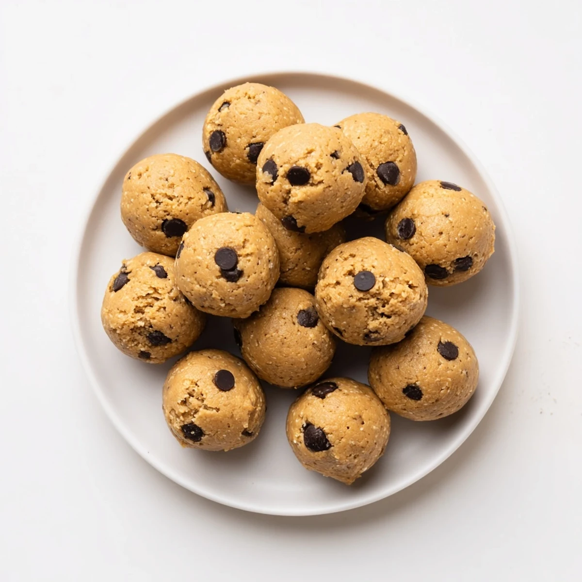 Bite-sized chocolate chip cookie dough protein balls rolled with mini chocolate chips on a white plate