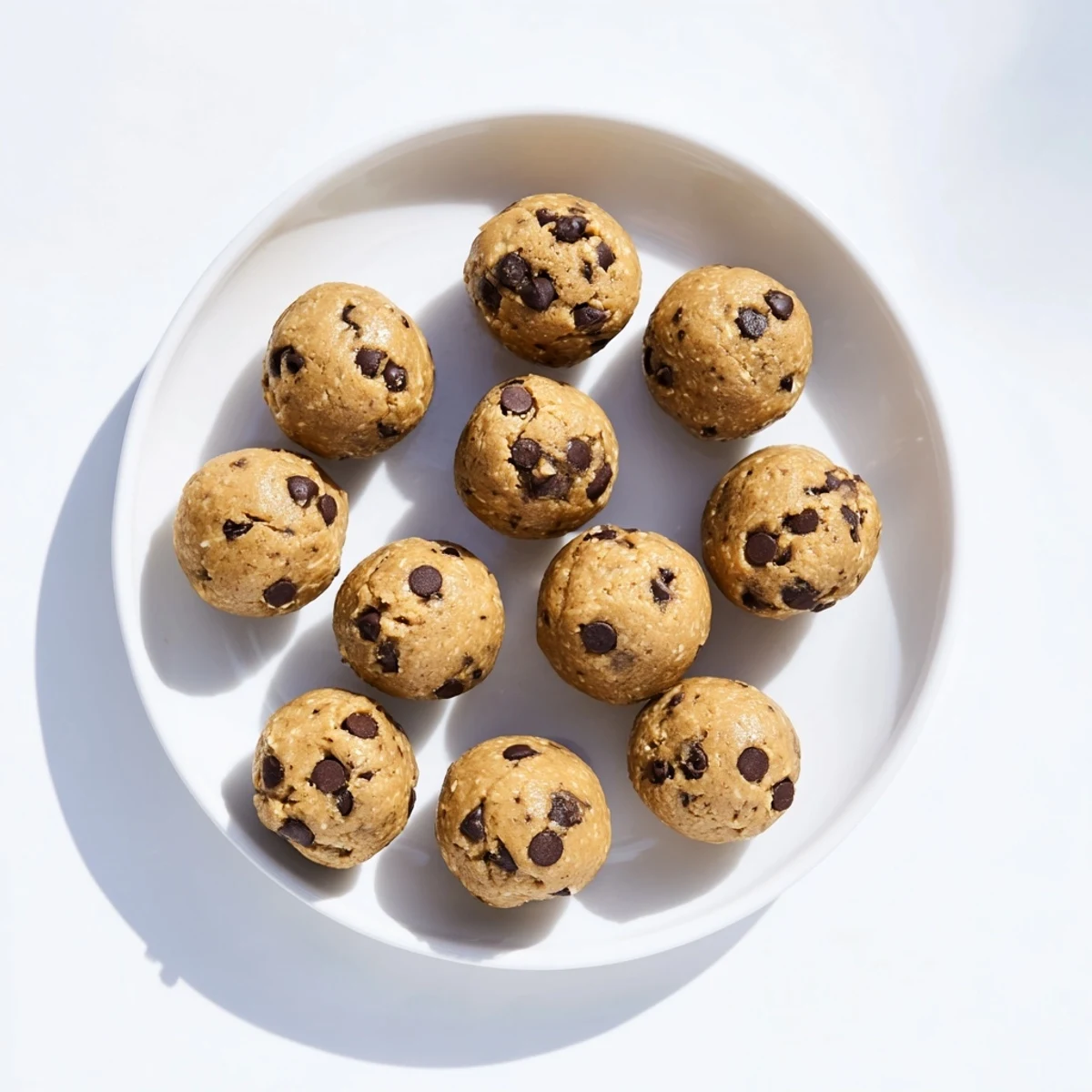 Healthy chocolate chip cookie dough protein balls featuring oat flour and protein powder with visible chocolate chips