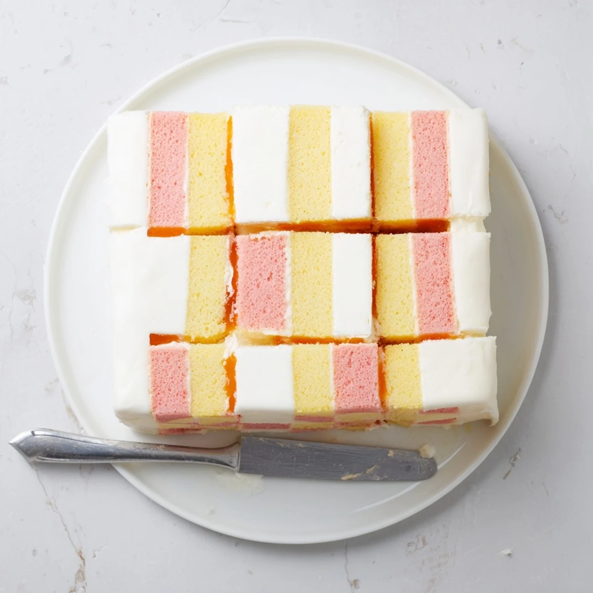 Homemade Battenberg Cake sliced to reveal alternating colored squares with apricot jam and almond coating