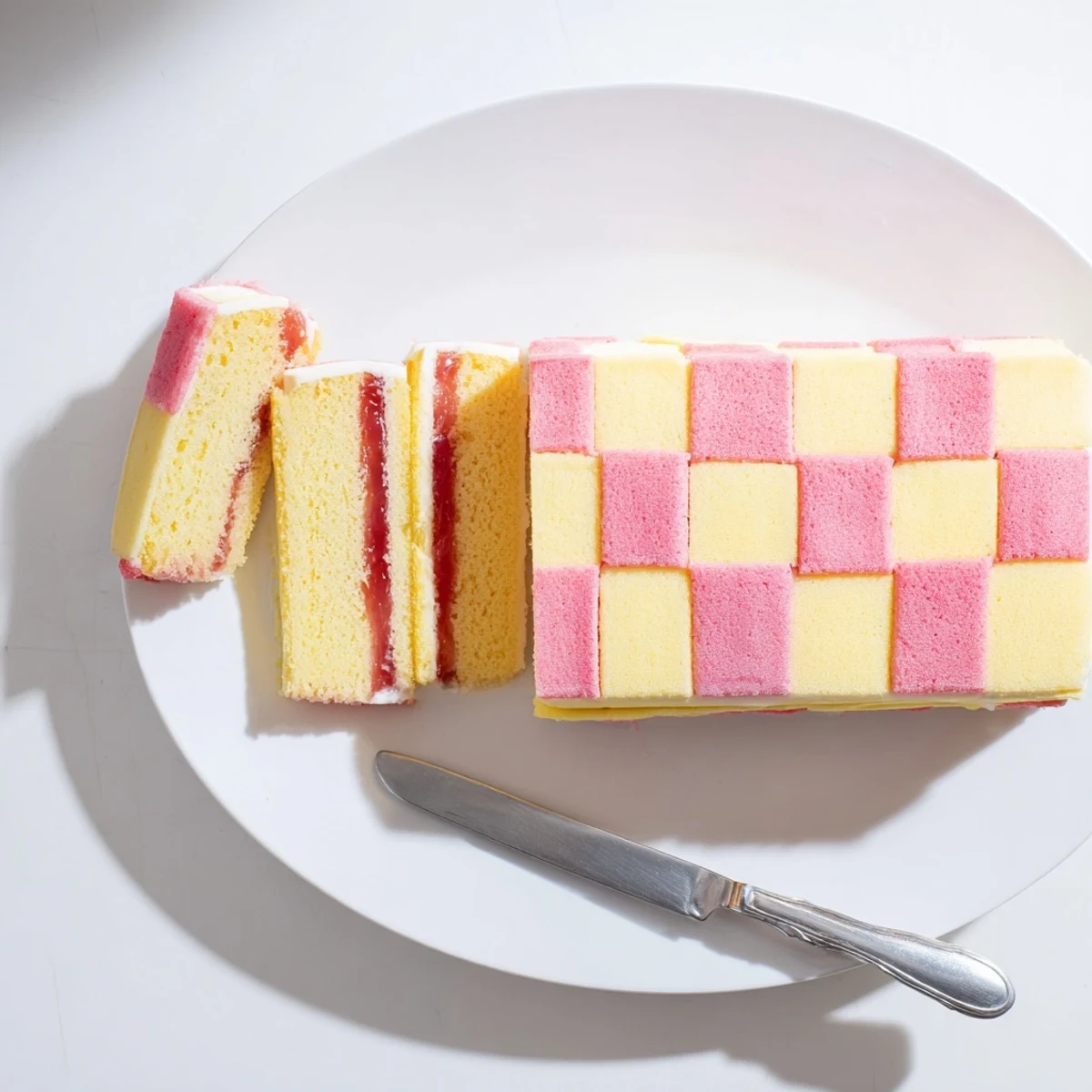 Classic Battenberg Cake displaying signature pink and yellow checkerboard sponge wrapped in smooth marzipan