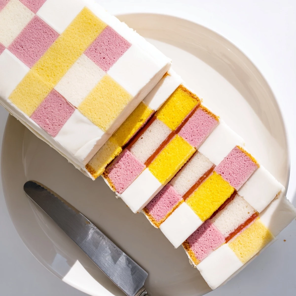 British Battenberg Cake featuring soft pink and yellow sponge cubes enclosed in sweet white marzipan
