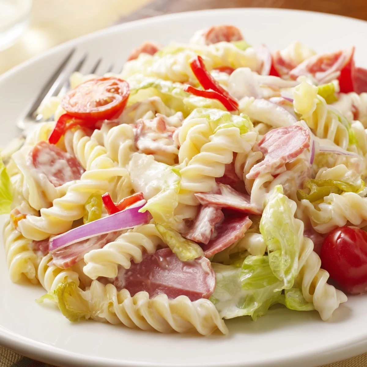 Colorful grinder pasta salad loaded with salami, provolone, crisp vegetables, and zesty creamy dressing