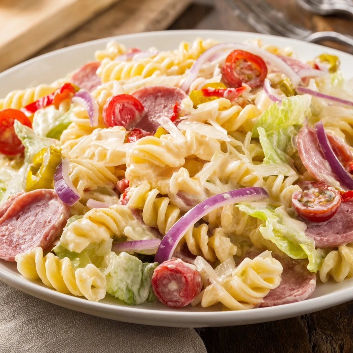 Hearty Italian-inspired grinder pasta salad featuring rotini, ham, cherry tomatoes, and roasted red peppers